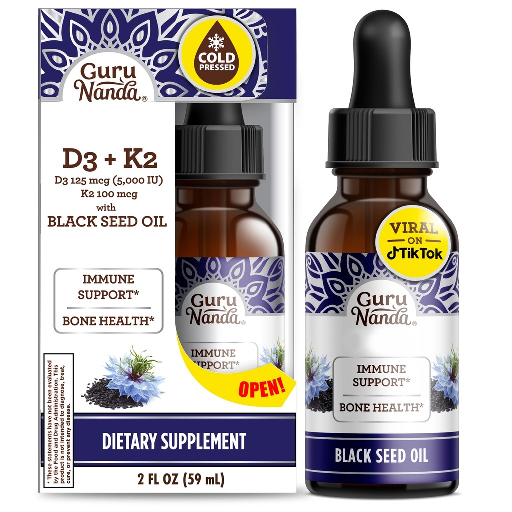 GuruNanda Black Seed Oil, Cold-Pressed Nigella Sativa - Rijk aan vitamine D3 5000 eenheden, K2 & E, High Thymo › 