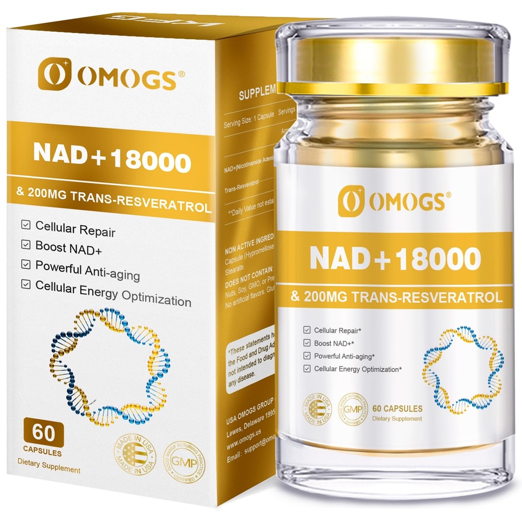 OMOGS NAD+ 300 mg + Trans-Resvératrol 200 mg, Supplément NAD pur, Absorption maximale, Supplément de stimulation pour la réparation de l'ADN, Vieillissement en santé, Énergie cellulaire et Longévité, 60 Capsules