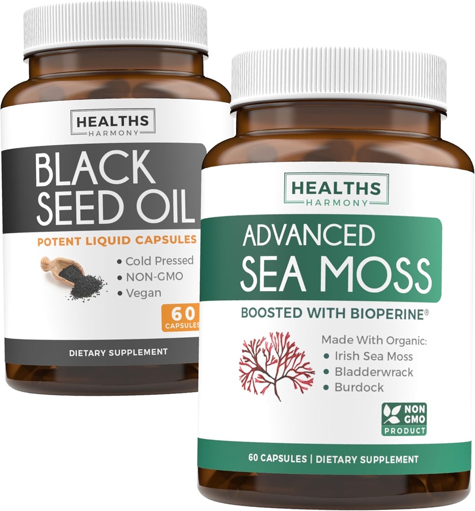 Black Seed Oil & Irish Sea Moss (1-maand supply) - Wellness Duo Bundle of Black Seed Oil (60 Capsules) Cold-pressed Nigella Sativa & Irish Sea Moss (60 Capsules) with Bioperine and Bladderwrack