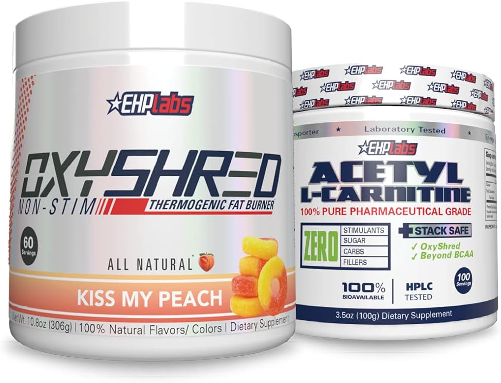 EHP Labs Non-Stim + Acetyl Bundle - OxyShred Thermogenic Pre Workout Powder & Shredding Supplement - Acetyl L-Carnitine - Ondersteunt Natural Energy Production, Aids Metabolisme, & gezond brein functie