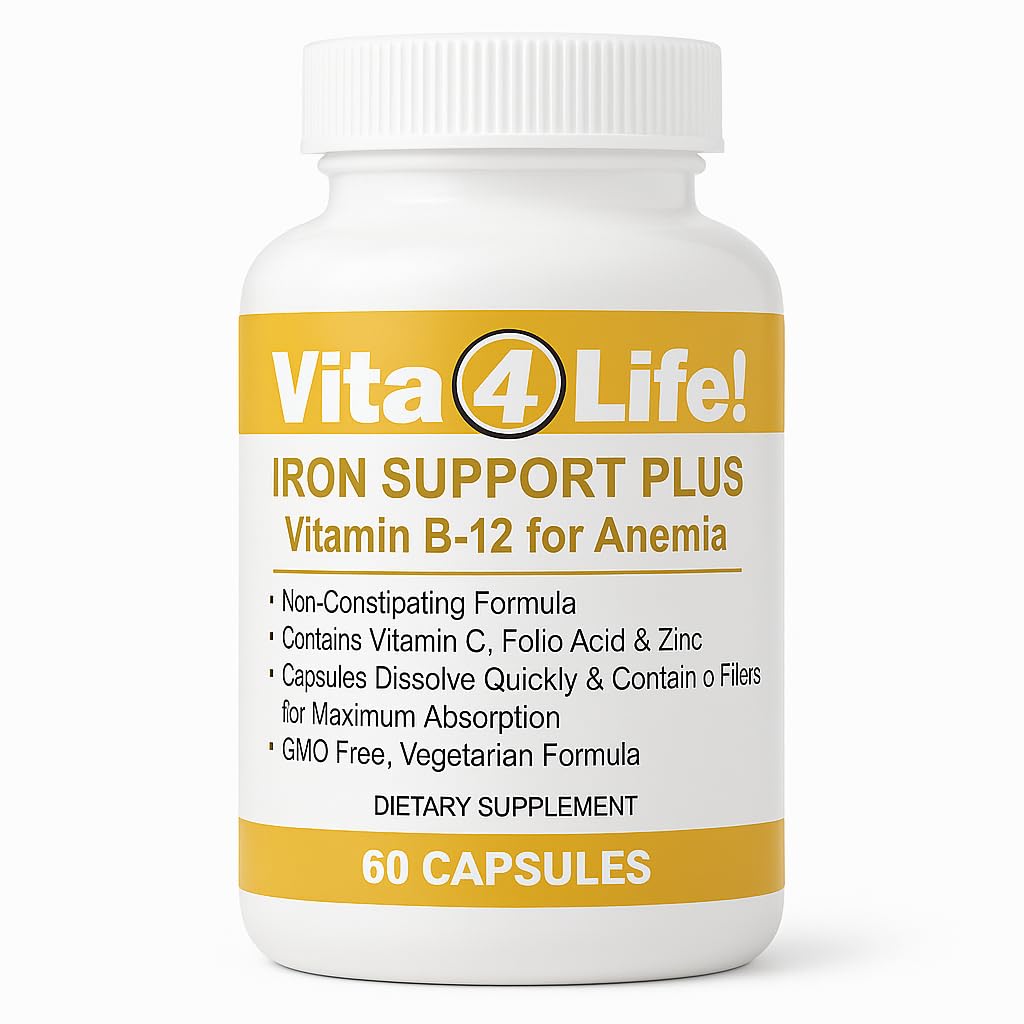 Vita4Life!® Iron Support Plus - 40mg Iron avec vitamine C, B-12, acide folique et zinc - 60 capsules - Formule non constipante pour le soutien et l'énergie des globules rouges - Végétarien et sans OGM