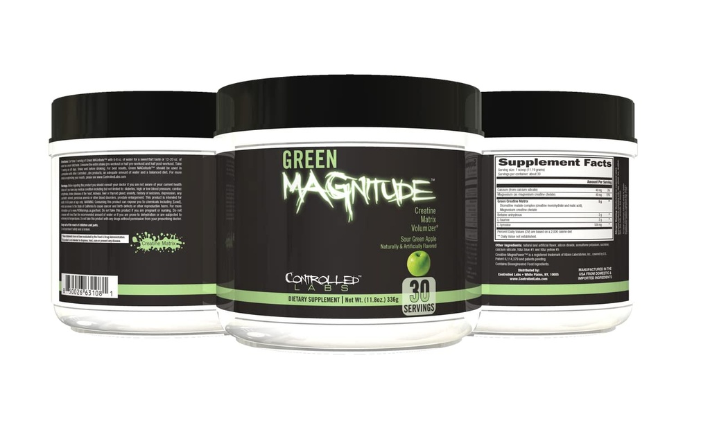 GECONTROLEERDE LABS Green Magnitude Supplement, synergistische Creatine Formula Powder, bevordert sterkte, uithoudingsvermogen en prestaties, (Sour Green Apple, 30 porties)