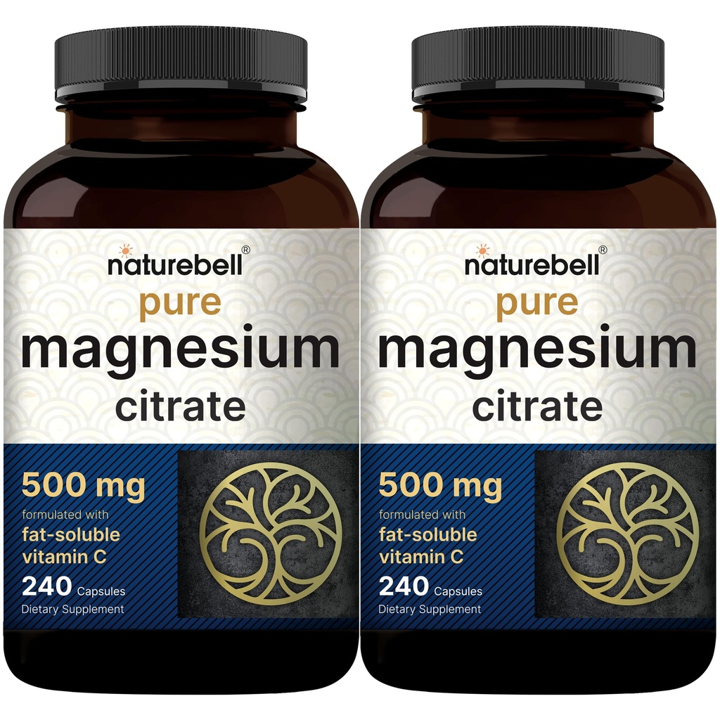 NatureBell 2 Pack Citrate de magnésium 500mg, 480 Capsules 2-en-1 avec de la vitamine C soluble dans le gras