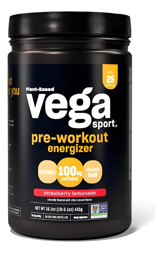 Vega Sport Pre-Workout Energizer, Strawberry Lemonade - Pre Workout Powder for Women & Men, Supports Energy and Focus, Electrolytes, Vegan, Keto, Gluten Free, Non GMO, 1.1 lbs