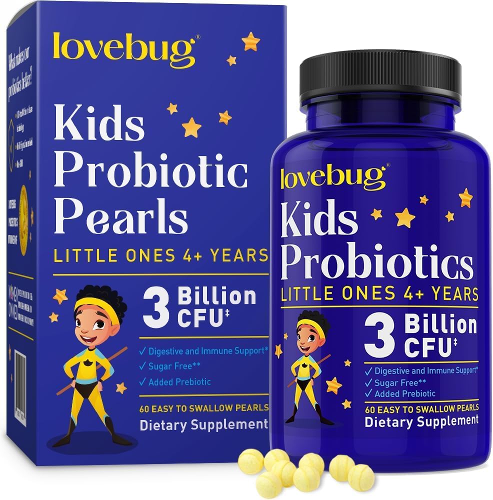 LOVEBUG Probiotica voor kinderen - Kids Probiotische Kauwtabletten met prebiotica voor leeftijd 4+, Dagelijkse Kinderen . Gut Health, Constipatie, Digestief & Immune Ondersteuning Supplement, Suikervrije, 60 Zachte Parels