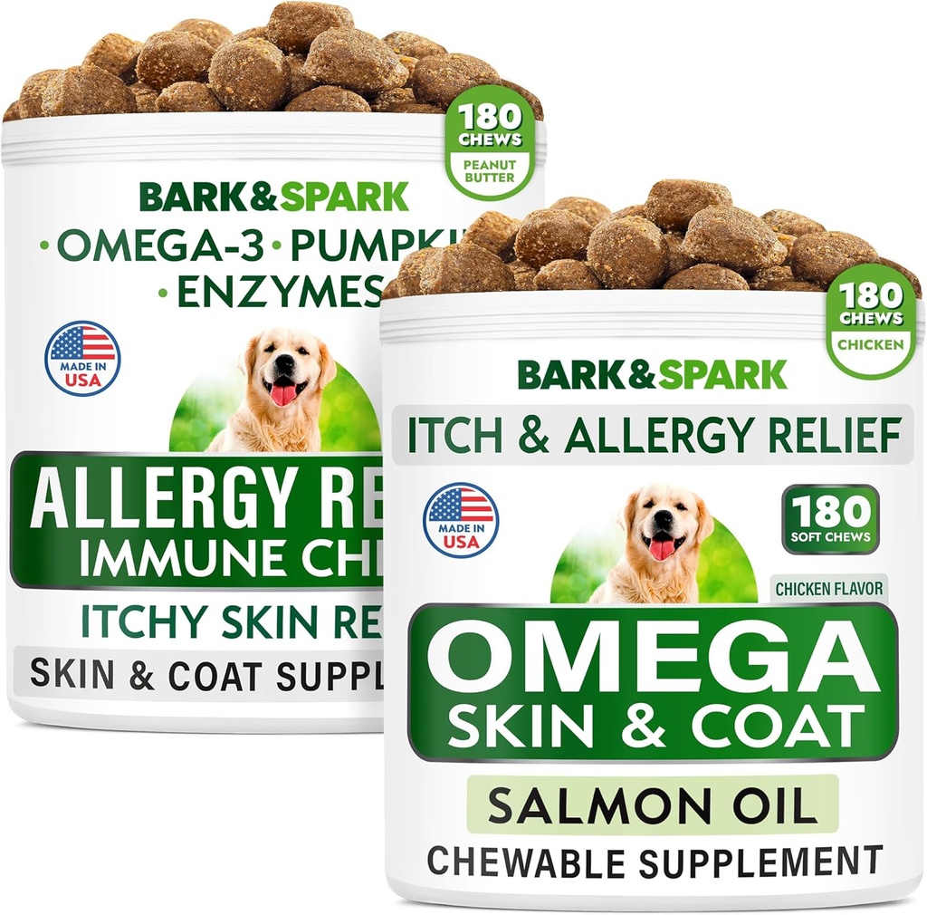 Allergie Relief + Omega 3 voor hondenbundel - Anti-Itch Skin & Coat + Skin Allergie - Omega 3 Visolie + EPA & DHA Vetzuur - Jeuk & Paw Licking + Joint Health - 360 Kauwen - Made in USA