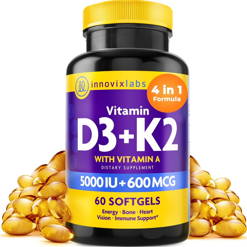 InnovixLabs Vitamine D3 K2-5000 IE Vitamine D3 Plus 600 mcg Vitamine K2 MK4 en MK7 voor Max Calcium Absorptie, Ondersteunt Bone, Immune, Hart Gezondheid, 3rd Party Getest, Glutenvrij, 60 Softgels