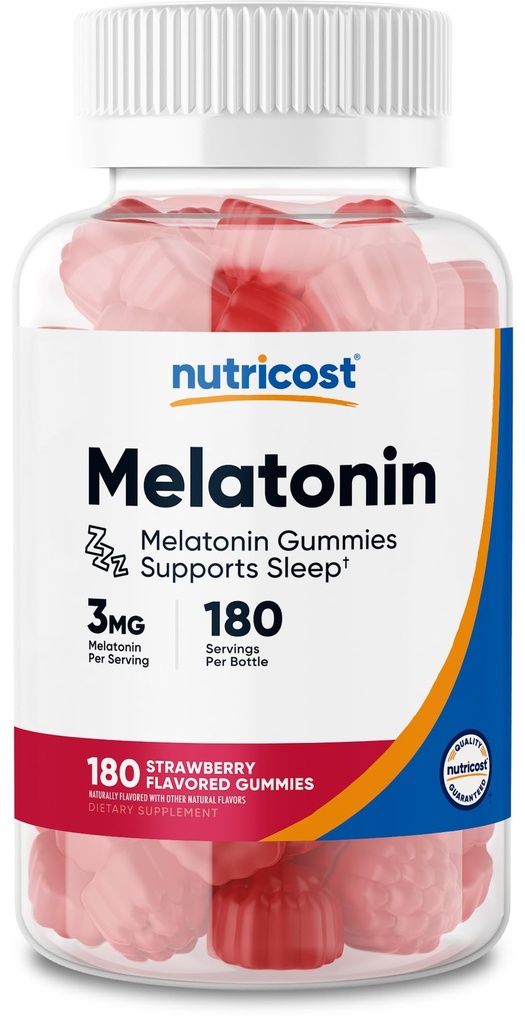 Nutricost Melatonine 3mg, 180 Gummies, Aardbei Smaak - Glutenvrij, Non-GMO, Geen Corn Siroop
