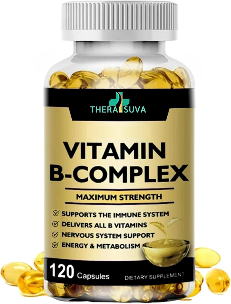 Max Strength Vitamine B-Complex + CoQ10 + Vitamine C – Supplément naturel haute puissance pour l'énergie et le métabolisme – 120 Softgels, 60 jours d'approvisionnement