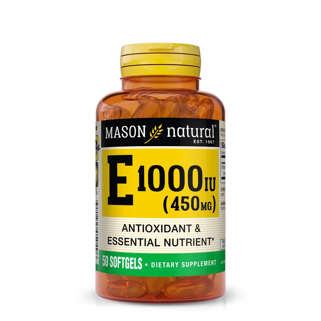 MASON NATUURLIJKE Vitamine E 450 mg (1.000 IE) - Antioxidant en essentiële voedingsstoffen, gezond immuunsysteem, huid en ogen, lichaamssupplement, 50 Softgels