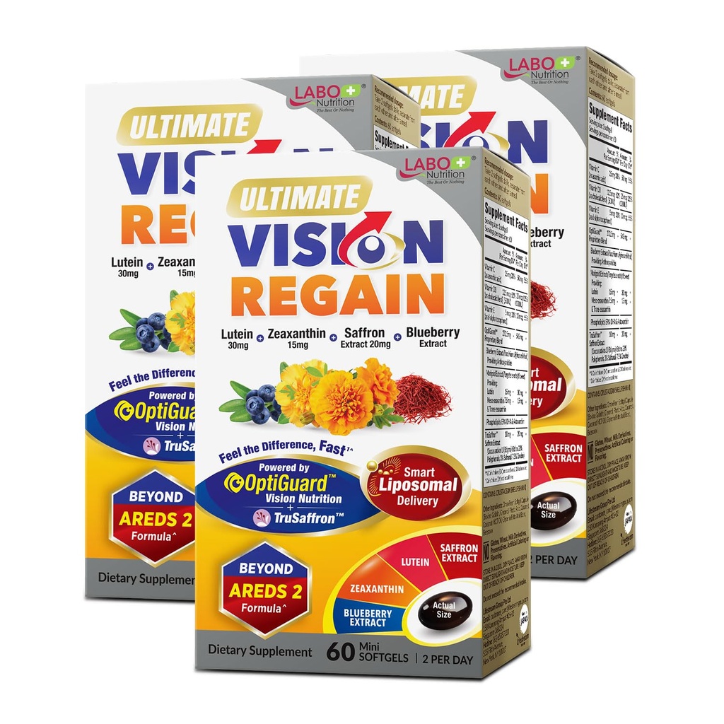 LABO Nutrition Ultimate VisionREGAIN, Vitamine Eye Beyond AREDS 2 Formule avec Lutéine, Zeaxanthin, Extrait de safran, Blueberry pour la santé maculaire et rétinienne, Fatigue des yeux, Soutien de la vision nocturne 60 comtesx3