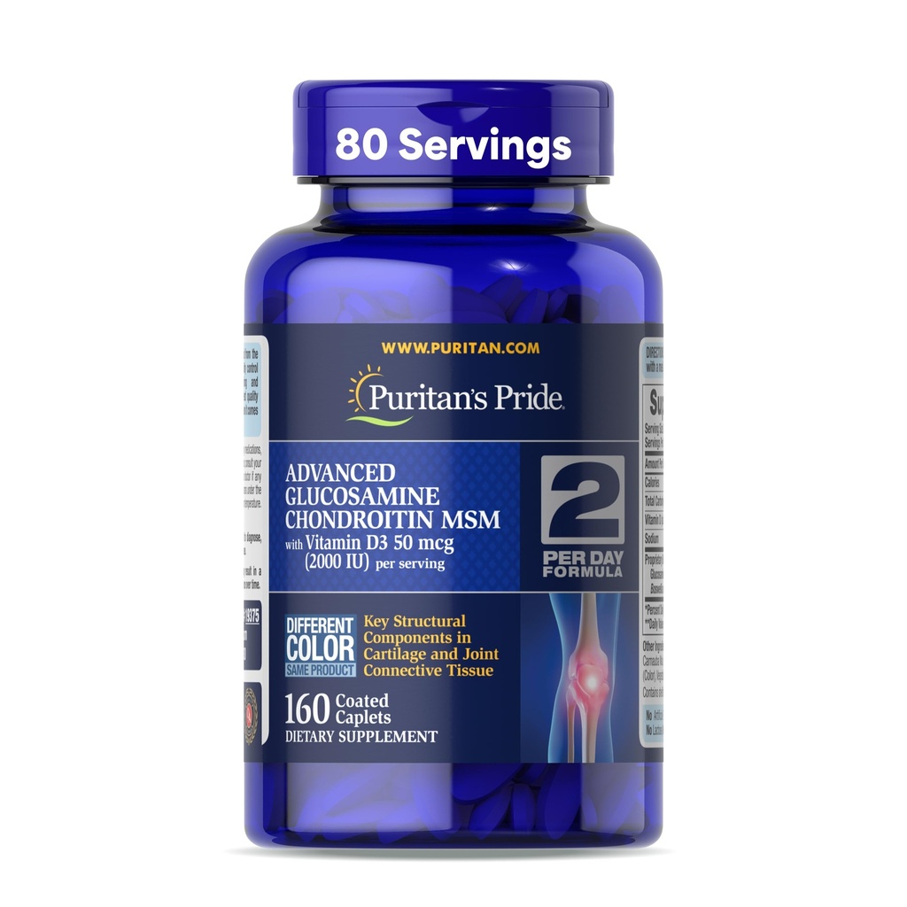 Puritan's Pride Advanced Glucosamine Chondroitin MSM met Vitamine D3 50mcg (2000 IE), Dieetsupplement voor Joint Health, 80 Servings, 160 Coated Tablets
