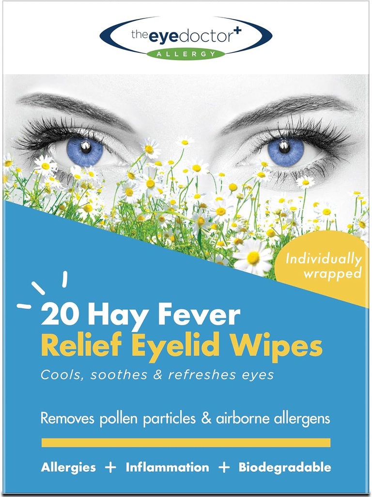 The Eye Doctor Hay Fever Relief Eyelid Wipes - 20x Single Use Eye Wipes for Allergie & Hayfever - Ontsteking, waterige jeukende ogen, hoofdpijn en migraines - Koelende rustgevende verlichting