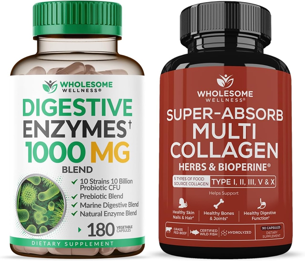 Gezonde Wellness Digestieve Enzymen 1000MG Plus Prebiotica & Probiotica Supplement + Super-Absorb Multi Collagen Pillen (Type I II III V X) Biologische Kruiden en Bioperine Bundel