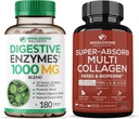 Gezonde Wellness Digestieve Enzymen 1000MG Plus Prebiotica & Probiotica Supplement + Super-Absorb Multi Collagen Pillen (Type I II III V X) Biologische Kruiden en Bioperine Bundel