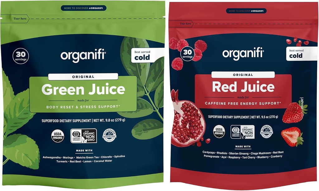 Organifi Green Juice and Red Juice Bundle - 30 Day Supply - Heerlijke, verfrissende Biologische Superfood Supplement Powder Met Antioxidanten voor Energie en Stress Relief Support - Geen GGO, Gluten, of soja