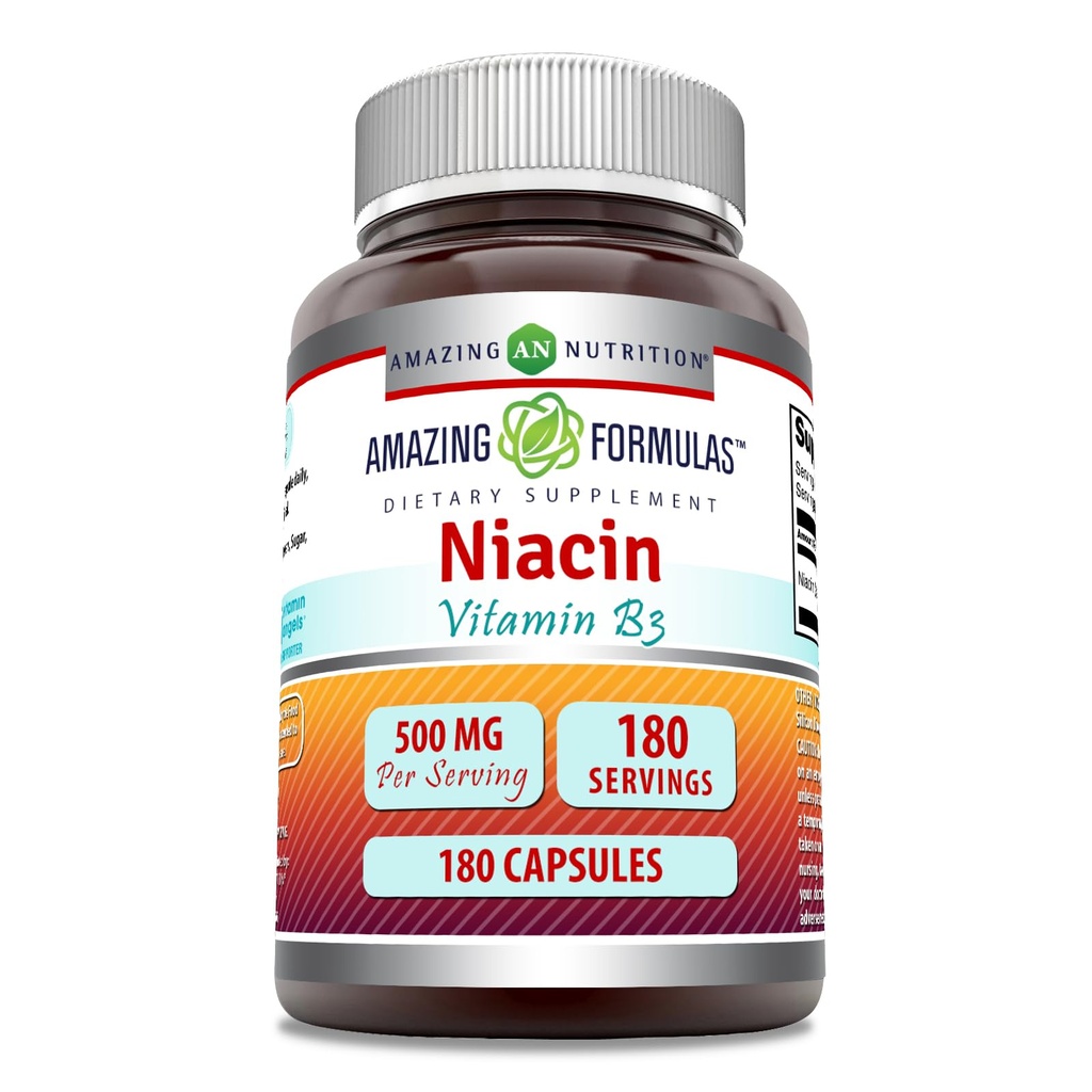 Formules étonnantes Supplément Niacine $ 500 Mg par service $ 180 Capsules $ Non-GMO $ Sans gluten $ Fabriqué aux États-Unis