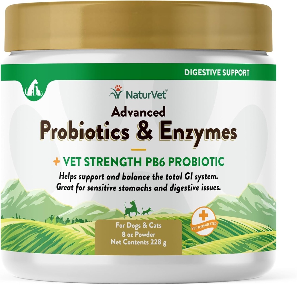 NaturVet – Probiotiques et enzymes avancés - Plus Vet Strength PB6 Probiotics Supporte et équilibre les animaux avec des ventres sensibles et des problèmes digestifs pour les chiens et les chats (8 oz)