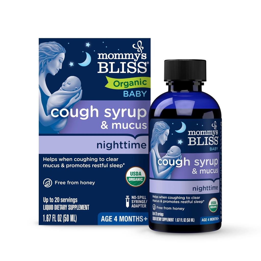 Mama's Gelukzaligheid Biologische Baby Hoest Siroop & Slijm Nachttijd, Bevat Biologische Agave en Ivy Leaf, Made for Babies 4 maand +, 1,67 Fluid Ounces