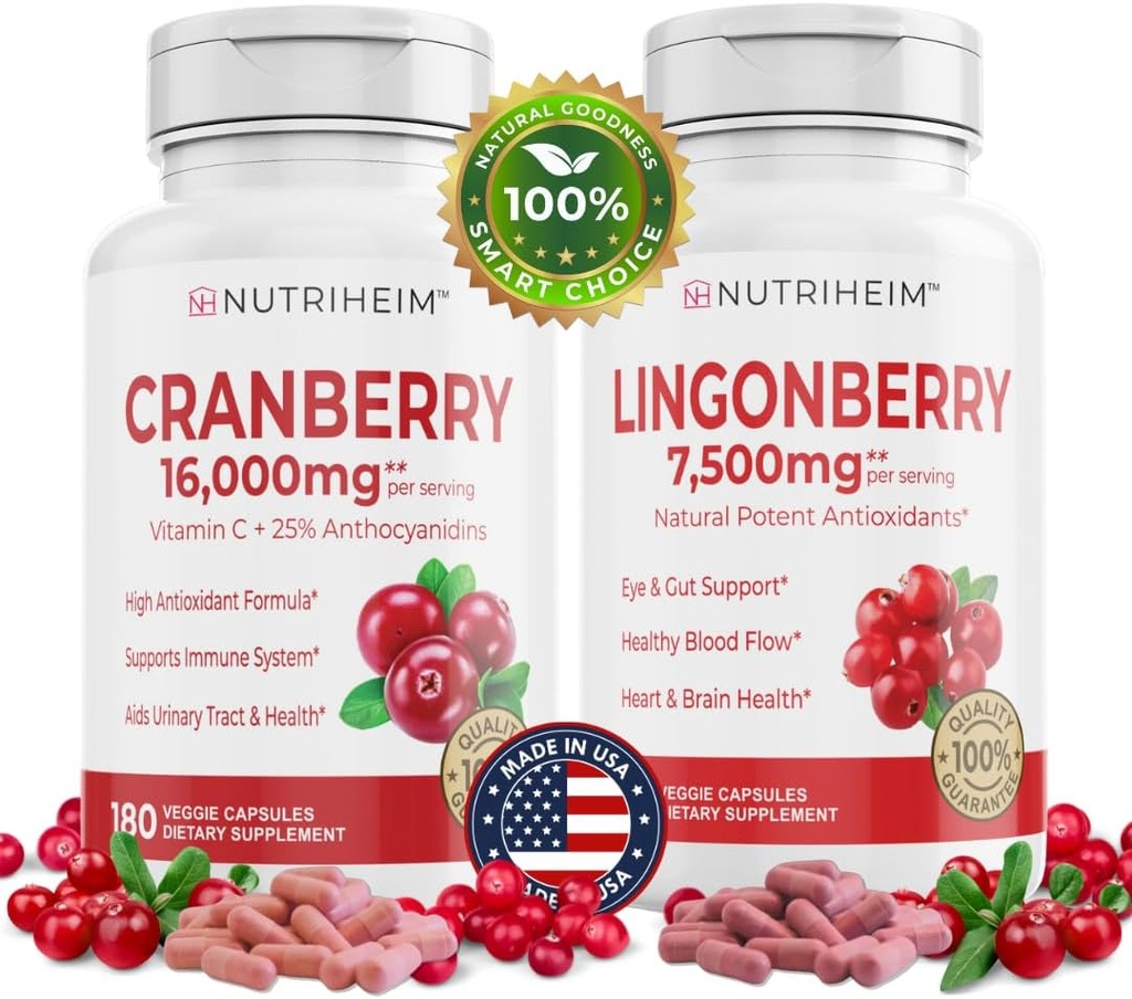 Alles in één PAC-bundel - Cranberry & Lingonberry Capsules - Vitamine C en 25% Proanthocyanidines voor urinetrek, Gut Health, Antioxidant Support - Non-GMO, Glutenvrije, Veganistisch supplement
