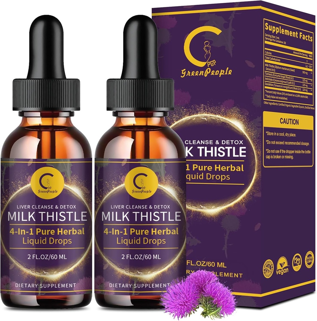(2 Pack) Milk distel Liquid Drops for Liver Cleanse Detox & Repair, Milk distel Supplement met Dandelion Root, Artichoke & Turmeric for Liver Support and Immune Health, Vegan, Non-GMO, 4 FL OZ
