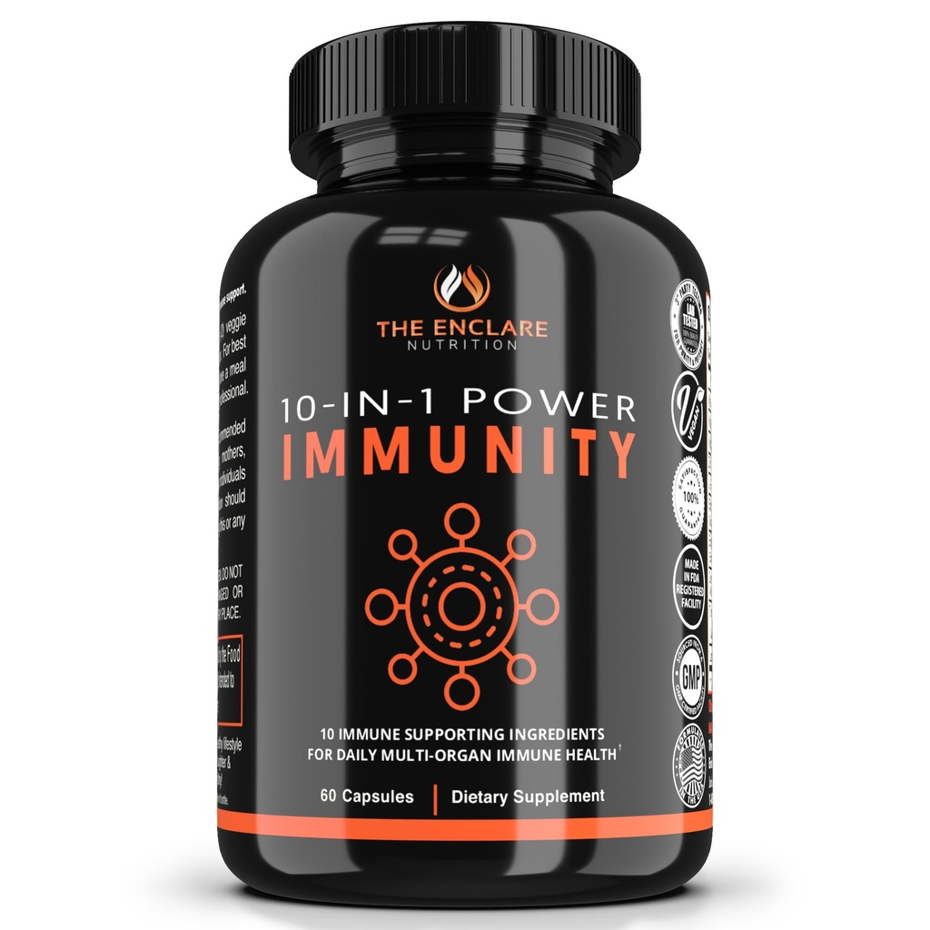 La NUTRITION ENCLARE 10 en 1 Supplément de soutien immunitaire avec Echinacea, Vitamine C et Zinc, Turmeric, Ginger, B6, Elderberry pour adultes Vitamines de défense de l'immunité, Fabriqué aux États-Unis Cap 60 Ct (1)