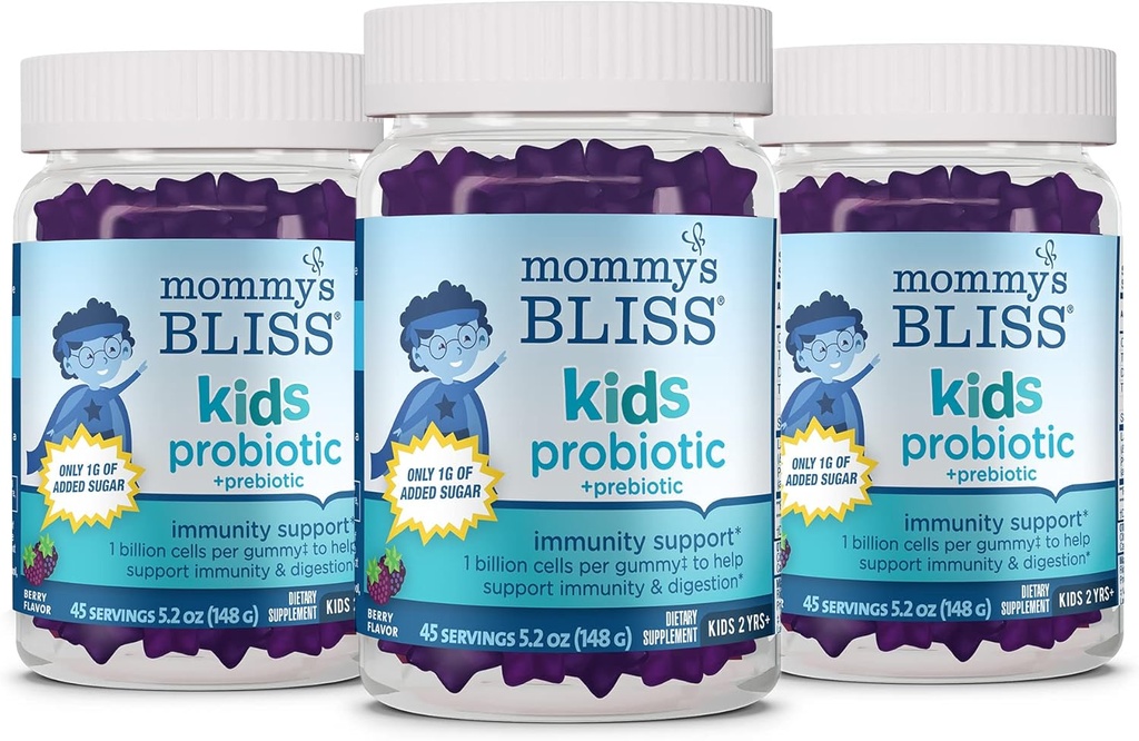 Mama's Bliss Kids Probiotic + Prebiotic Gummies, Ondersteunt Immuniteit & Digestie voor kinderen 2 Jaar +, Minder Suiker, Yummy Berry Flavor, 45 Tellen (pakket van 3)