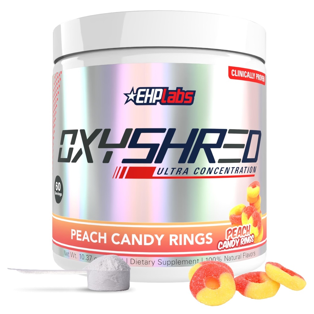 EHP Labs OxyShred Pre Workout Powder - Preworkout Powder with L Glutamine & acétyl L Carnitine, Energy Boost Drink - Peach Candy Rings, 60 portions