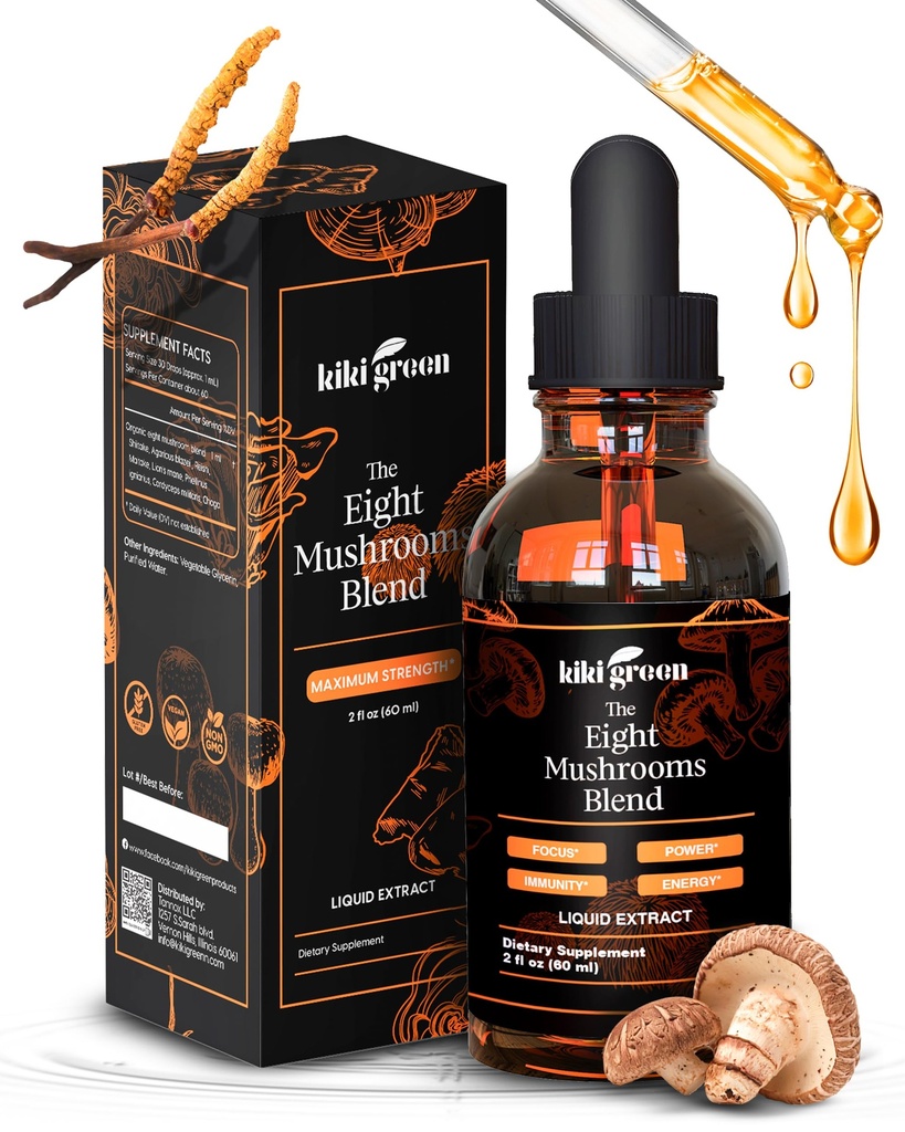 Kiki Green 8 Mushrooms Liquid Extract Drops - Adaptogenic Complex for Cognitive Support, Immunity Boost - Lions Mane Supplement, Cordyceps, Chaga, Reishi, Shiitake, Maitake, Red Reishi