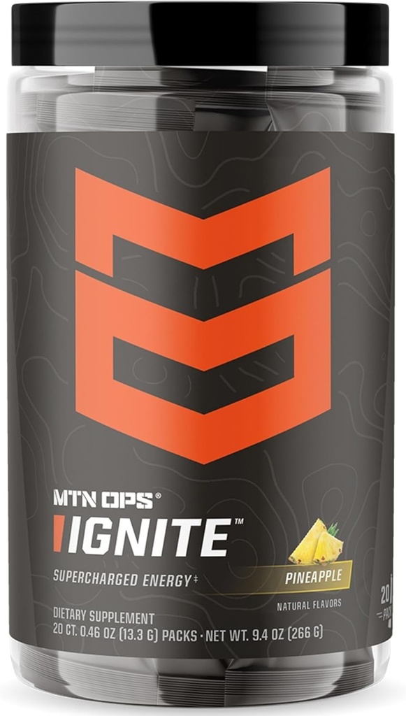 MTN OPS Ignite Trail Packs Energy Drink Poudre, supplément nootropique sans gluten Mélange, L Arginine, L Citrulline, Caféine et Nootropic Sugar Drink sans mélange, 20 portions, ananas Crush