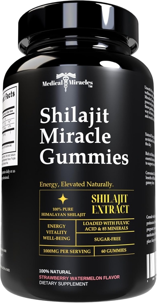 Medical Miracles Shilajit Gummies - 1000mg Pure Himalaya Extract w/Fulvic Acid, Vegan, Sugar-Free, High Potency. Energie & Immuniteitssteun met meer dan 84 mineralen. 60 Heerlijke gummies