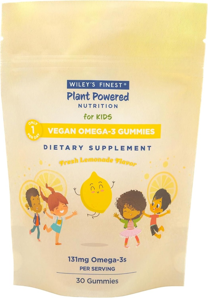 Wiley's Finest Kids Vegan Omega-3 Gummies - Natural Sugar - Vegetarische DHA, ALA & SDA - Glutenvrij - Citroensmaak, 30 Gummies