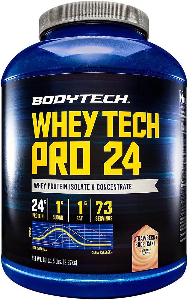 BODYTECH Whey Tech Pro 24 Poudre de protéines - Mélange d'enzyme protéique avec BCAA pour alimenter la croissance et la récupération musculaire, idéal pour la construction musculaire après l'entraînement - shortcake fraise (5 livres)
