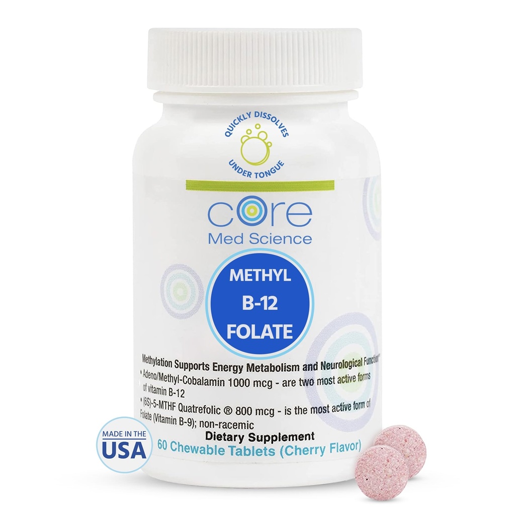Kernmedisch onderzoek Methyl B12 Folate Supplement voor vrouwen en mannen - 5-MTHF Pillen Ondersteuning Mood, Cognitive, & Heart Health - Methylfolaat Vitamine B9 voor Homocysteïne niveaus & Methylation Cycle (60 Tel.)