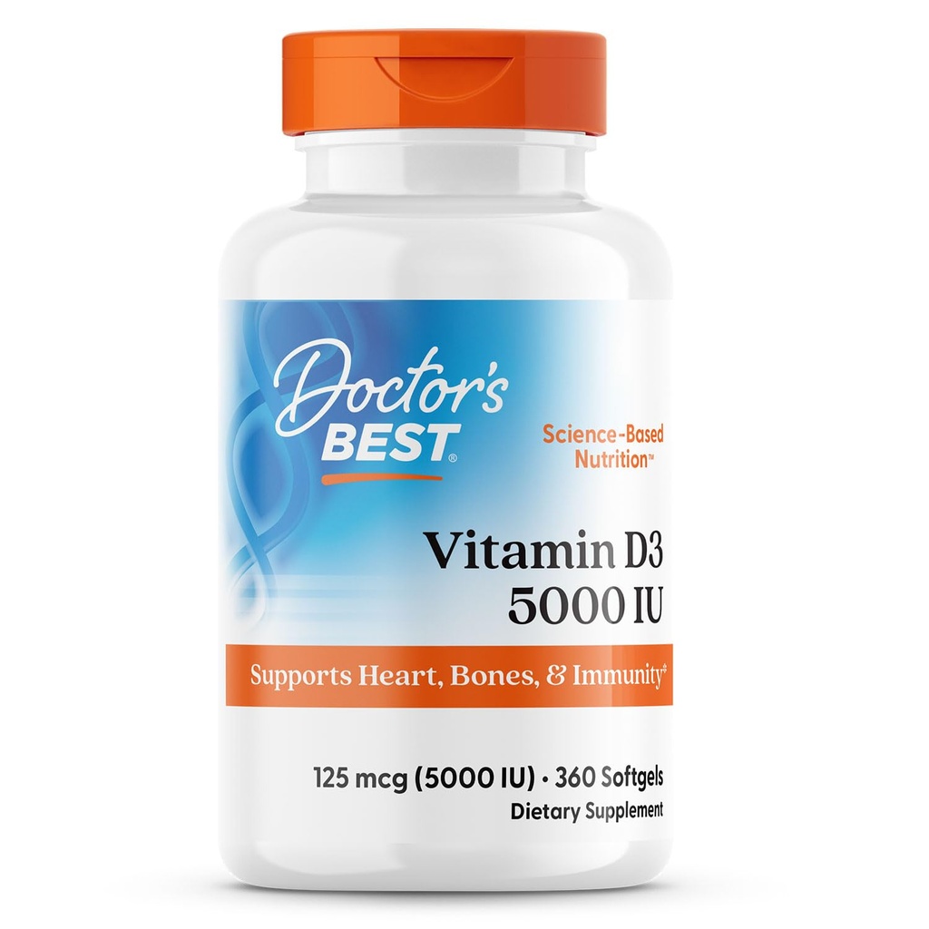 Meilleure vitamine D3 5 000 UI pour les os sains, les dents, le cœur et le soutien immunitaire, sans OGM, sans gluten, sans soja, 360 comtes (paquet de 1)