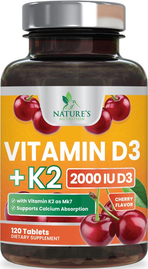 Vitamine D3 K2 2000 IE Plus met K2 (MK-7) 75 mcg - Vitaminen D & K Complex Supplement voor botten, tanden, spieren, Calcium Absorptie, Ondersteunt Immune & Heart Health, Niet GMO Kauwbare Formule - 120 tabletten