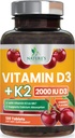 Vitamine D3 K2 2000 IE Plus met K2 (MK-7) 75 mcg - Vitaminen D & K Complex Supplement voor botten, tanden, spieren, Calcium Absorptie, Ondersteunt Immune & Heart Health, Niet GMO Kauwbare Formule - 120 tabletten