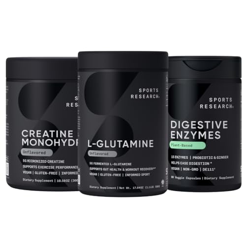 Recherche sportive L-Glutamine (100 portions), Creatine Monohydrate (60 portions) et enzymes digestives avec probiotiques et gingembre (90 portions) - Tous non-OGM Vérifiés, végétaliens et sans gluten