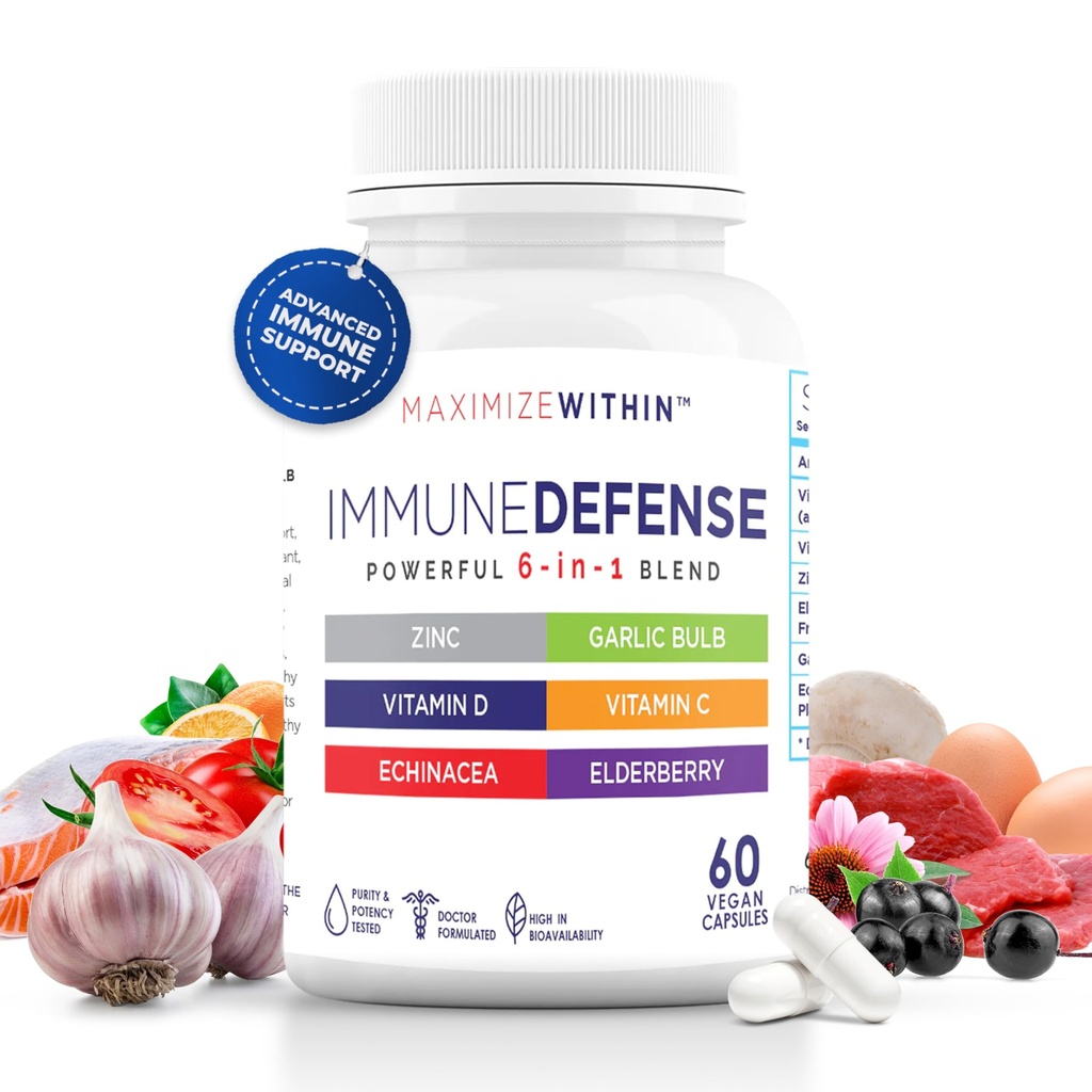 Maximum Slim Krachtige 6-in-1 Immuun Ondersteuning Supplement met Zink, Vitamine C, Vlierbes, Vitamine D, Echinacea, & Knoflook, 60 Tellen