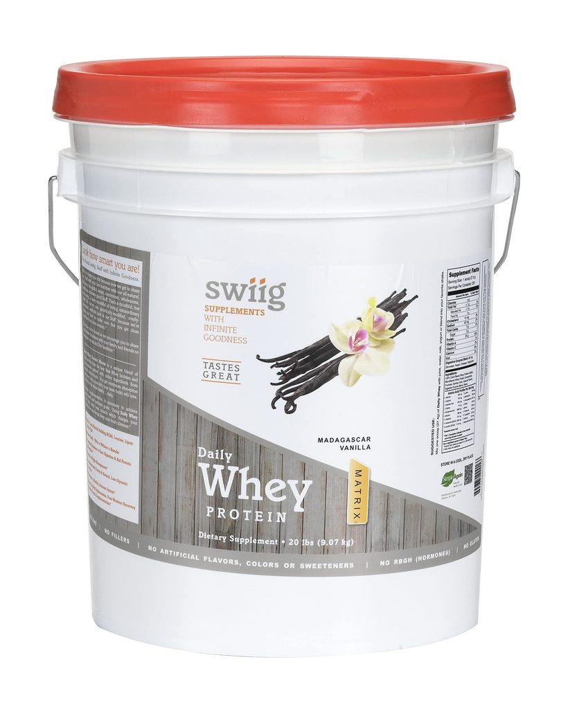swiig Premium Daily Whey Matrix, Vanilla 20lb – 20g Protein per Serving with Amino Acids for Muscle Recovery – Gluten-Free, Non-GMO, No Fillers, No Artificial Flavors