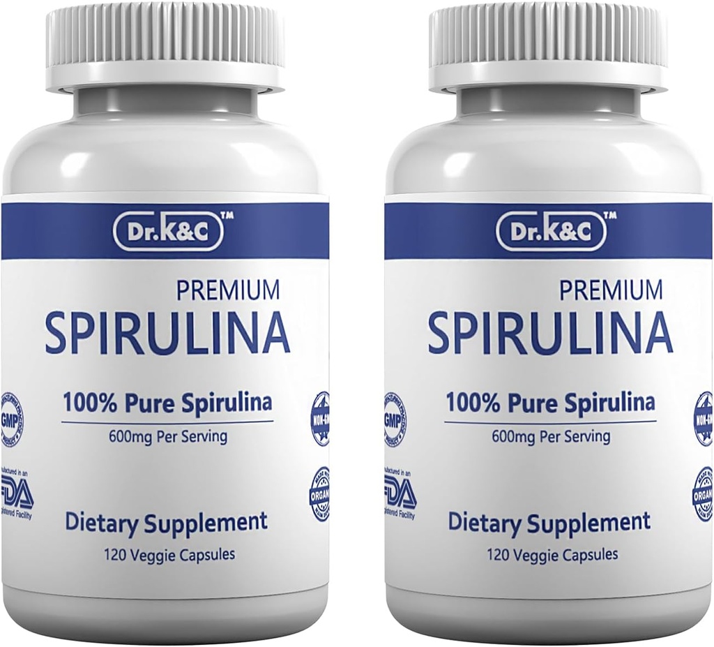 Dr.K&C Biologische Spirulina Superfood Supplement Puur natuurlijk blauw Groene Microalgen 600 mg 240 Veggie Capsules Health Immune System Antioxidants Proteine Fiber No Filler Non GMO Vegan 2pk
