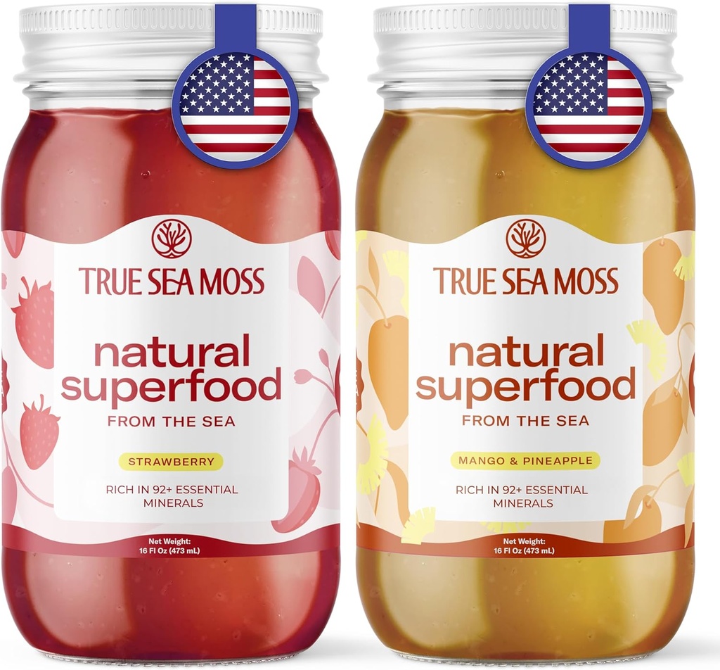 TrueSeaMoss Wildcrafted Irish Sea Moss Gel Mango and Strawberry Bundle Biologische Raw Seamoss Rijk aan mineralen, eiwitten en vitaminen