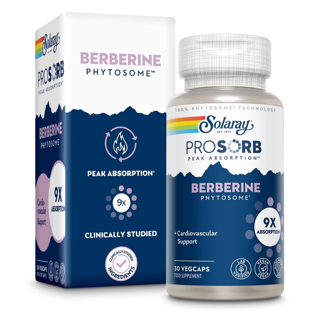 SOLARAY Berberine Phytosome - 9X Absorption et facile à digérer - Standardisé à 30% Berberine HCl - Vegan, Fait sans Soy - Garantie de 60 jours - 30 portions, 30 VegCaps