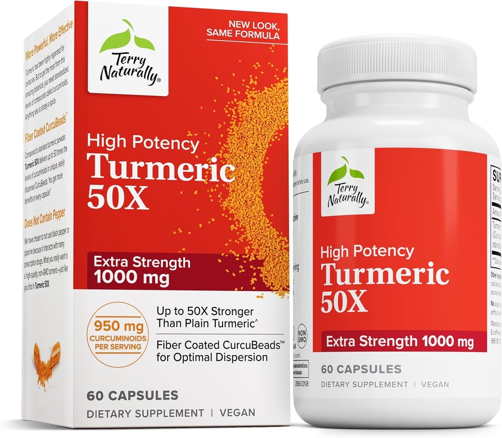 Terry natuurlijk Kurkuma 50X - Dieetsupplement voor hersenen en hartgezondheidsondersteuning - Extra sterkte Kurkuma te helpen Immune Health - Niet-GMO-supplement - 60 capsules
