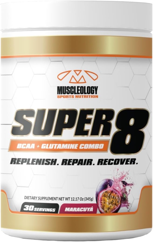 MUCLEOLOGY Super 8 High Performance BCAA, Electrolyte & Glutamine Blend Formula - Post-workout herstel en spieropbouw supplement, 30 Serving (Maracuya)