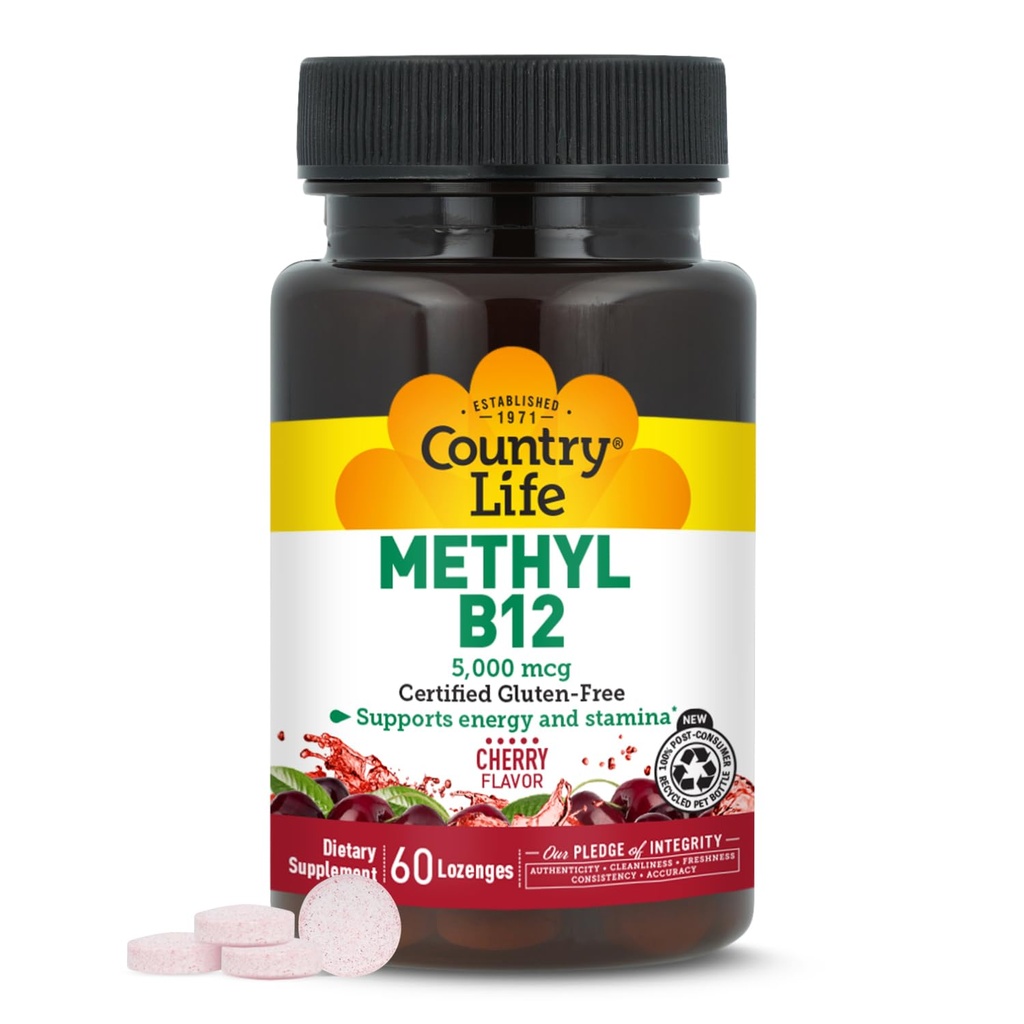 Country Life Methyl B12, soutient Energy & Stamina, 5000mcg, 60 Lozenges, certifié sans gluten, certifié végétalien, certifié non-OGM vérifié
