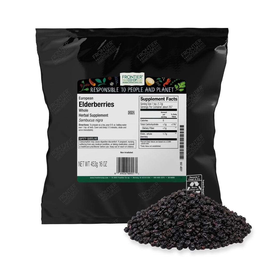 Grens Co-op gedroogde vlierbessen, 2lb Bulk Bag, hele bessen - Kosjer en niet-GMO gedroogd fruit voor vlierbessen poeder, thee en siroop
