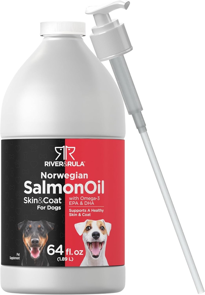 Horbaach Huile de saumon norvégien pour chiens (64oz) Obtenir une peau et un manteau sains avec Omega 3, EPA et DHA , Supplément pour animaux de compagnie liquides , sans gluten