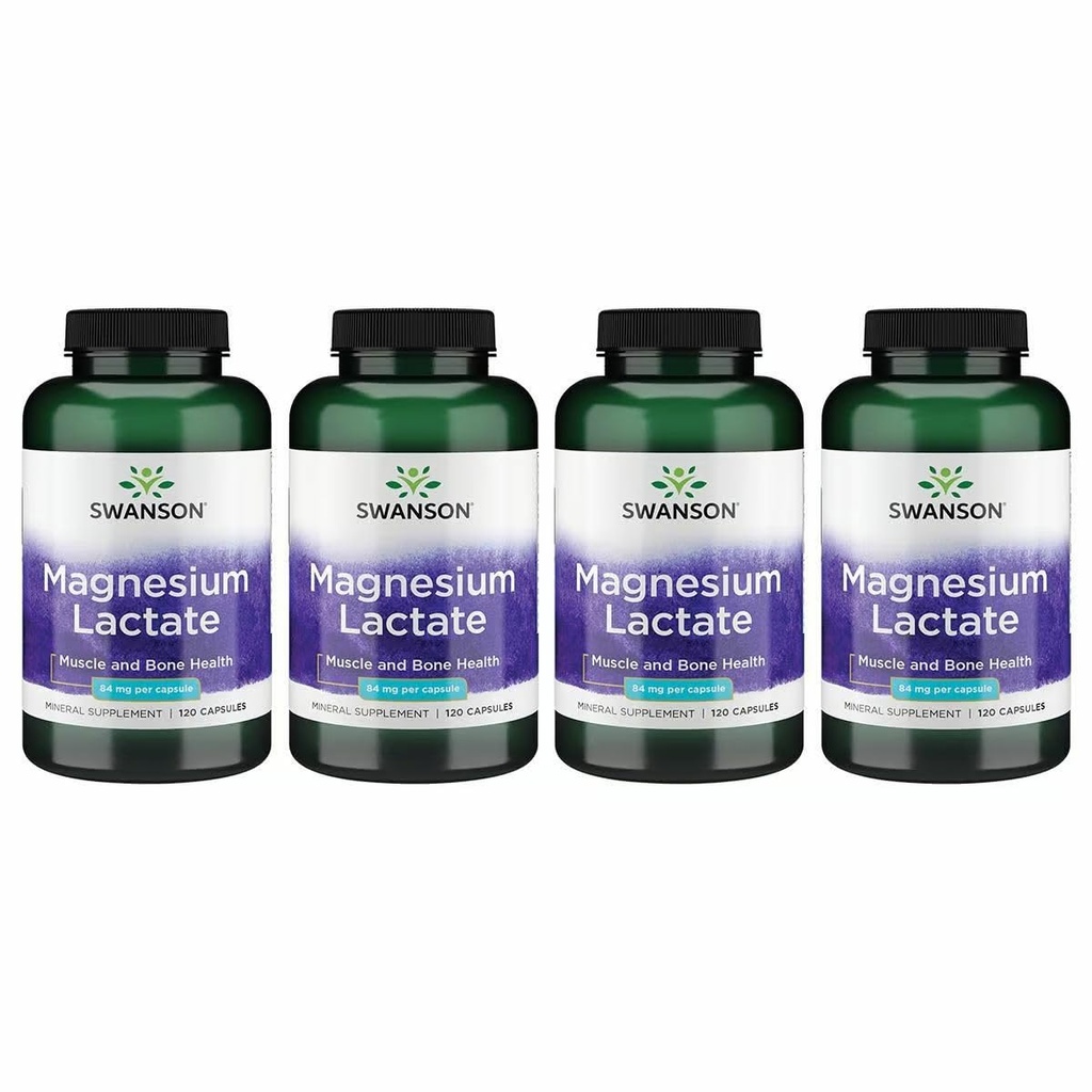 Lactate de magnésium de Swanson - Supplément minéral favorisant le soutien de la santé musculaire et osseuse - Forme minérale de lactate sans lactose pour l'absorption douce - (120 capsules, 84mg chacune) 4 boîtes