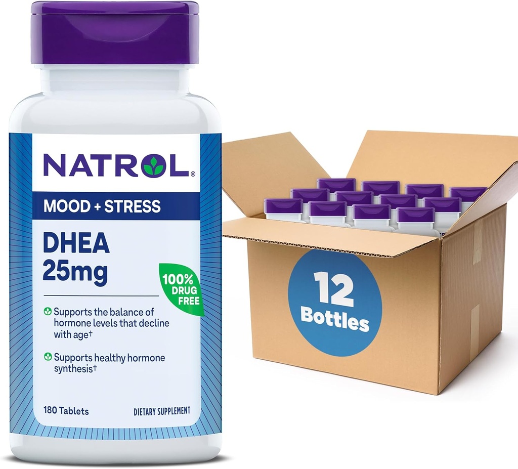 Natrol Mood & Stress DHEA 25 mg met calcium, Dieetsupplement voor de Balance van bepaalde Hormone Level en Mood Support, 180 tabletten, 180 dagen levering (pakket van 12)